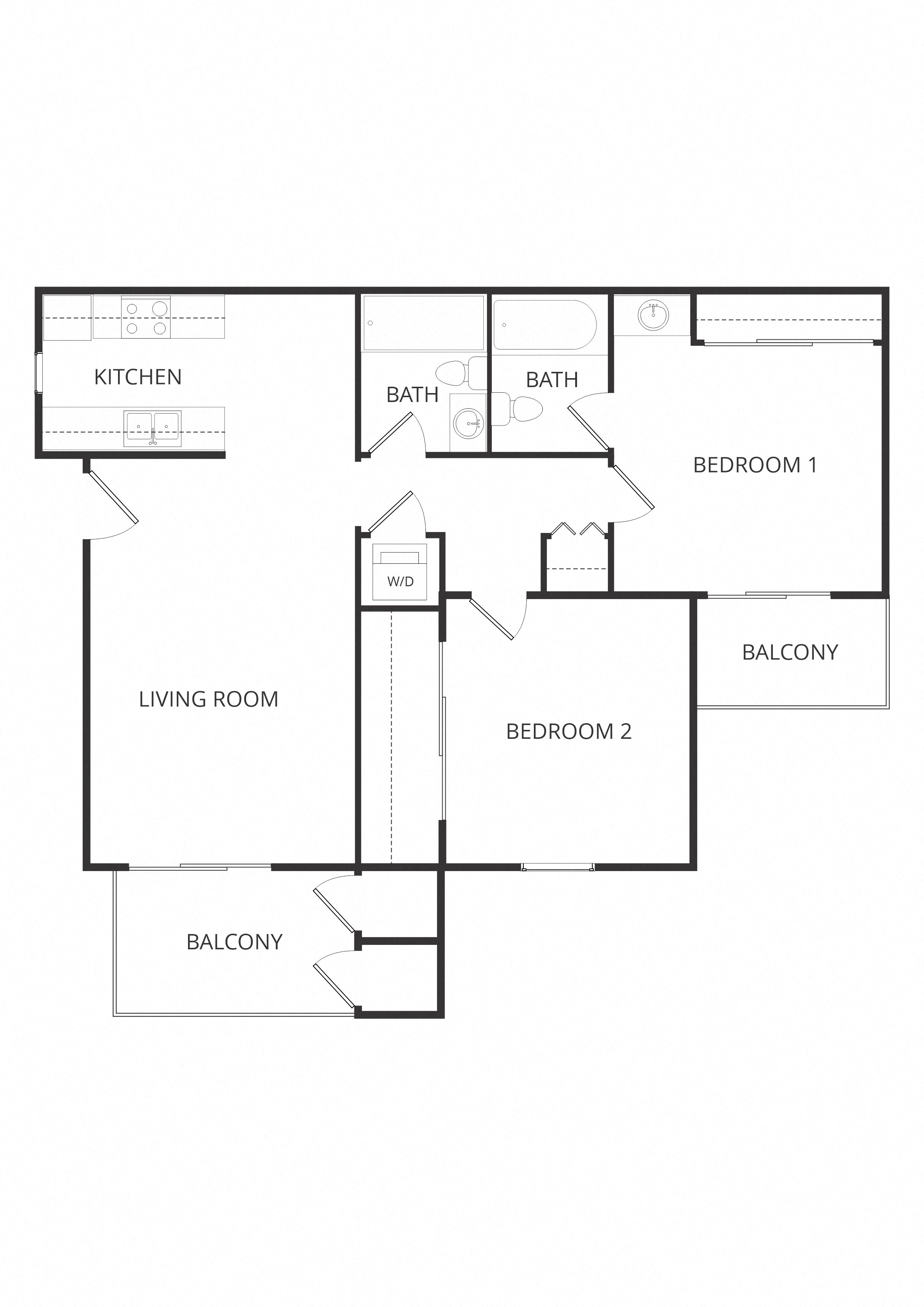 Floor plan for 2 beds, 2 baths, 910 sqft